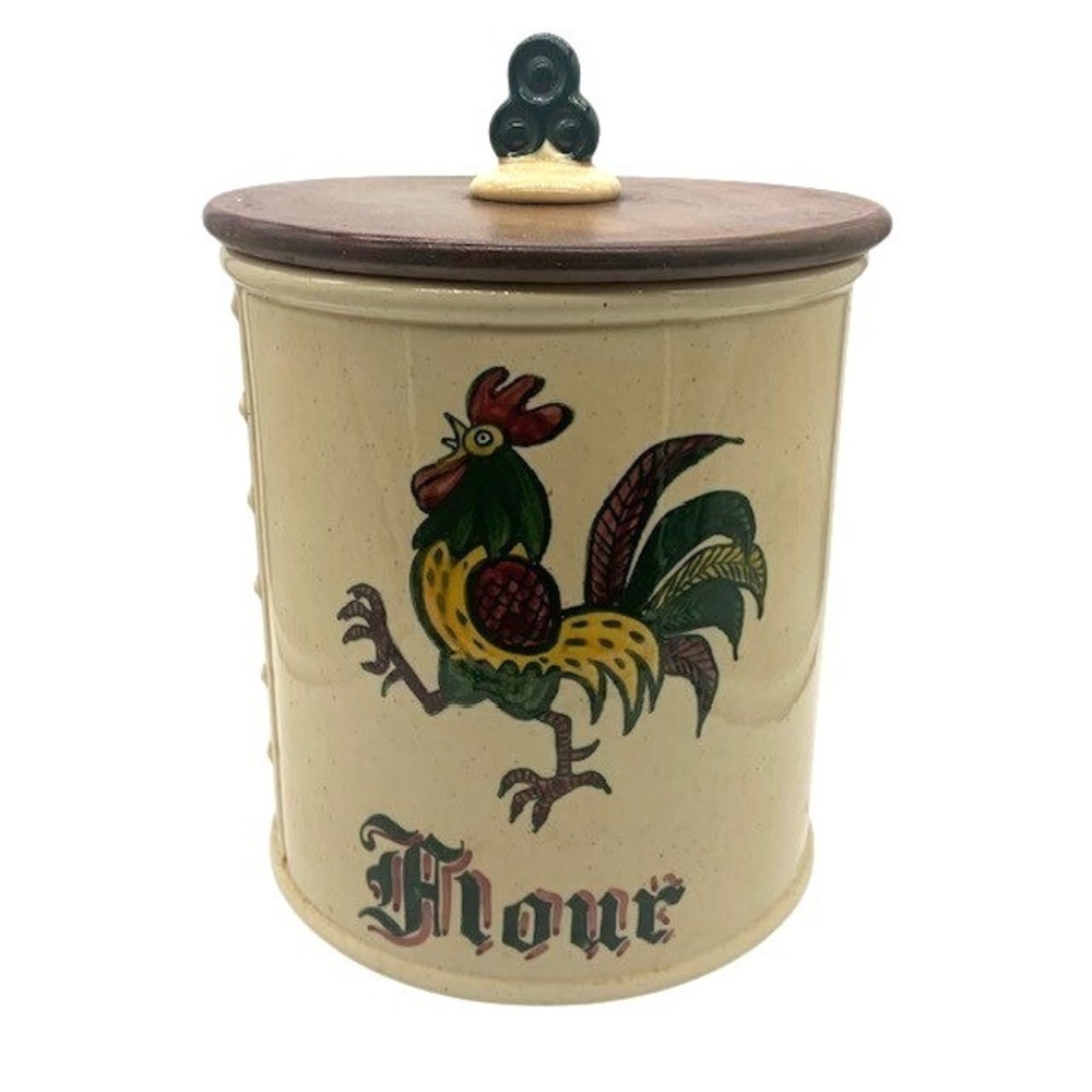 Vintage Metlox Poppytrail Red Rooster Flour Canister Wood Lid California